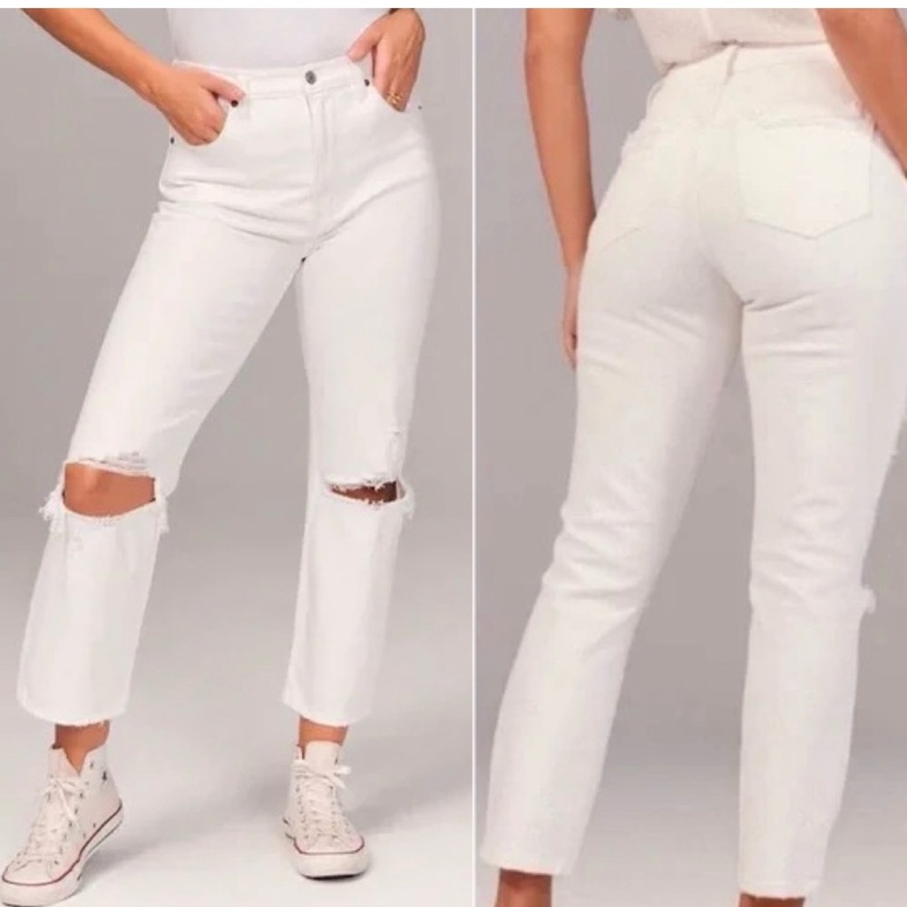 Abercrombie The Ankle Straight Ultra High Rise White Distressed Denim Jeans 26